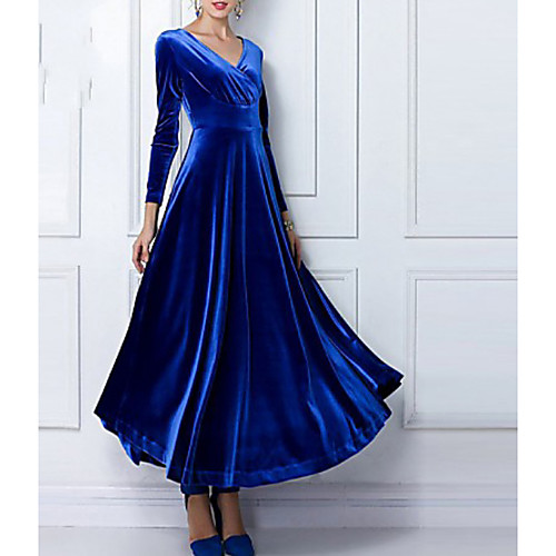 

Women's Swing Dress Maxi long Dress Wine Black Purple Blue Green Long Sleeve Solid Colored Pleated Fall Winter V Neck Hot Velvet S M L XL XXL
