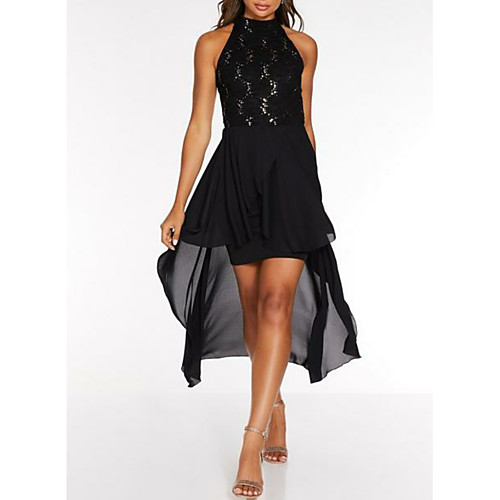 

Sheath / Column Little Black Dress Holiday Cocktail Party Dress High Neck Sleeveless Asymmetrical Chiffon with Lace Insert 2021