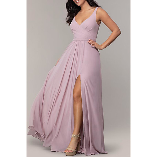 

A-Line Elegant Prom Dress Plunging Neck Sleeveless Sweep / Brush Train Chiffon with Pleats Split Front 2021