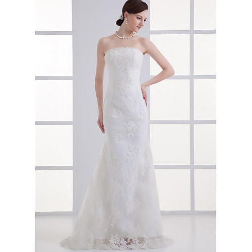 

Mermaid / Trumpet Wedding Dresses Strapless Court Train Lace Satin Tulle Strapless with Beading Appliques 2021
