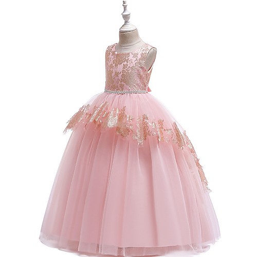 

Ball Gown Floor Length Pageant Flower Girl Dresses - Tulle Sleeveless Jewel Neck with Lace / Bow(s)