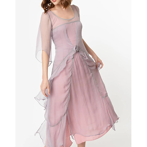 

A-Line Scoop Neck Tea Length Chiffon / Tulle Bridesmaid Dress with Tier / Cascading Ruffles