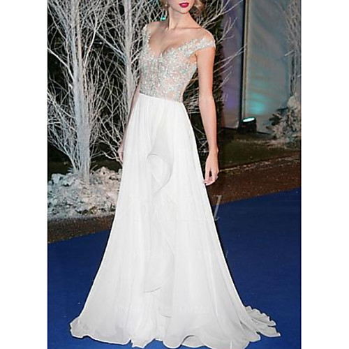 

A-Line Elegant Formal Evening Dress Jewel Neck Sleeveless Sweep / Brush Train Chiffon with Lace Insert 2021