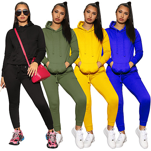 

Women's 2 Piece Tracksuit Sweatsuit Jogging Suit Street Casual Long Sleeve Windproof Breathable Soft Fitness Running Jogging Sportswear Solid Colored Hoodie Track pants Black Army Green Blue