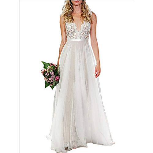

A-Line Wedding Dresses V Neck Sweep / Brush Train Tulle Regular Straps with Appliques 2020