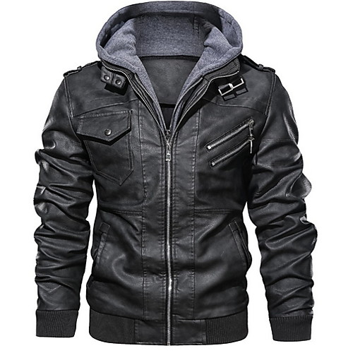 

Men's Daily Regular Leather Jacket, Solid Colored Hooded Long Sleeve Polyester Black / Brown / Gray