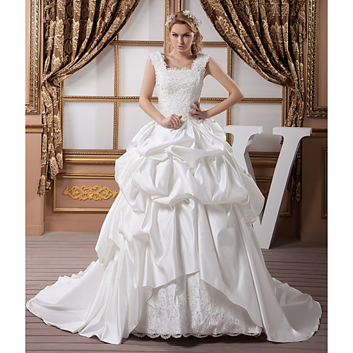 

A-Line Wedding Dresses Square Neck Court Train Lace Satin Regular Straps with Pick Up Skirt Beading Appliques 2021