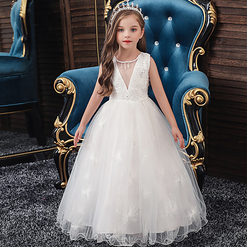 

A-Line Medium Length Wedding / Party / First Communion Flower Girl Dresses - Tulle / Matte Satin / Poly&Cotton Blend Sleeveless Jewel Neck with Lace / Beading / Solid