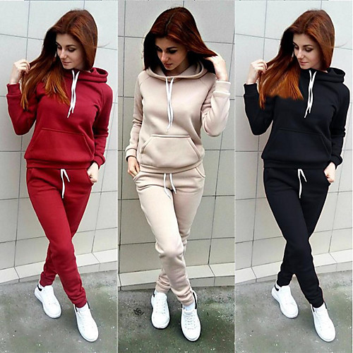 

Women's 2 Piece Tracksuit Sweatsuit Street Casual Long Sleeve Windproof Breathable Soft Fitness Running Jogging Sportswear Solid Colored Outfit Set Clothing Suit Hoodie Track pants Black Red Pink