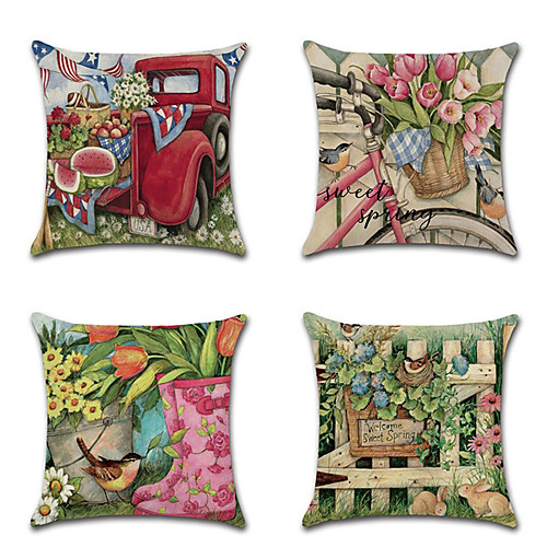 

4 pcs Linen Pillow Cover, Floral Print National Flag European Modern Throw Pillow