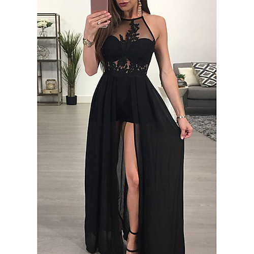 

A-Line Empire Prom Formal Evening Dress Illusion Neck Sleeveless Floor Length Chiffon Lace with Appliques Split Front 2021