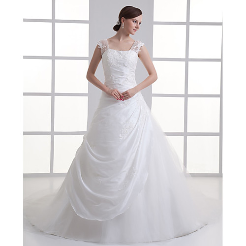 

A-Line Wedding Dresses Square Neck Court Train Taffeta Tulle Regular Straps with Buttons Ruched Beading 2021