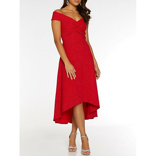 

A-Line Elegant Holiday Cocktail Party Valentine's Day Dress Off Shoulder Short Sleeve Asymmetrical Polyester with 2021