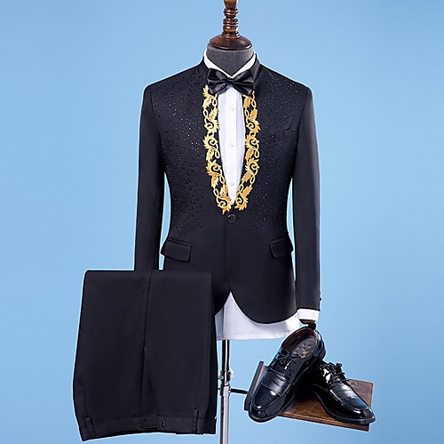 

White / Black / Blue Patterned Tailored Fit Polyester Suit - Shawl Collar Single Breasted One-button / Suits