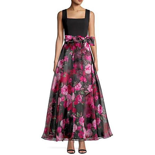 

A-Line Floral Black Wedding Guest Prom Dress Scoop Neck Sleeveless Ankle Length Organza with Bow(s) Pattern / Print 2020
