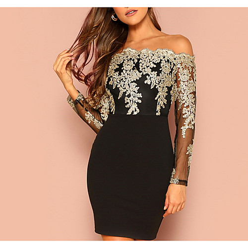 

Women's Bodycon Dress - Long Sleeve Geometric Glitter Lace up Off Shoulder Elegant Sexy Cocktail Party New Year Going out Slim Wine Black S M L XL