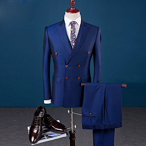 

Black / Blue Solid Colored Tailored Fit Polyester Suit - Peak Double Breasted Four-buttons / Suits