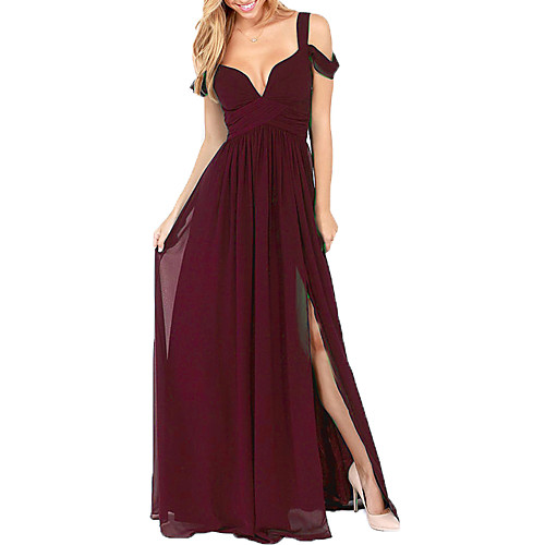 

A-Line Elegant Prom Formal Evening Dress Spaghetti Strap Short Sleeve Floor Length Chiffon with Pleats Ruched Split Front 2021