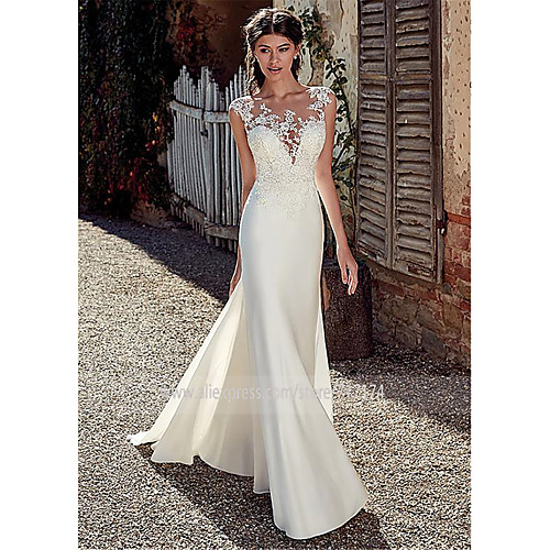 

A-Line Wedding Dresses Bateau Neck Court Train Chiffon Lace Tulle Cap Sleeve Illusion Detail Backless with Lace Appliques 2020