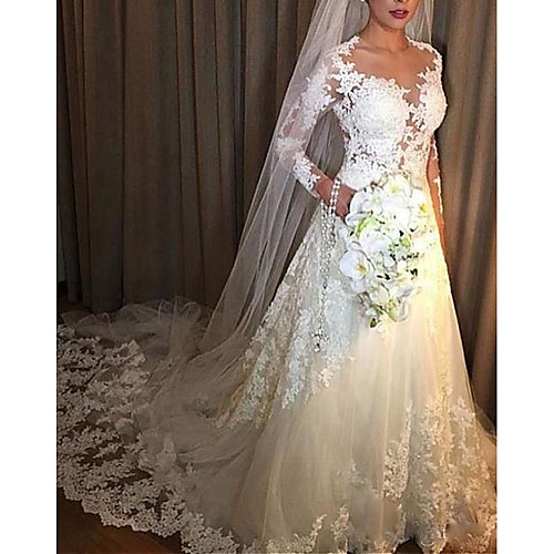 

A-Line Wedding Dresses V Neck Court Train Lace Tulle Long Sleeve Illusion Sleeve with Lace Insert 2021