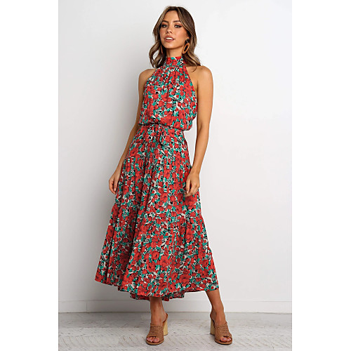 

Women's Sheath Dress Wine Sleeveless Geometric Print Halter Neck Basic S M L XL