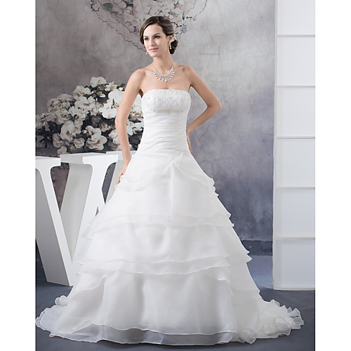 

A-Line Wedding Dresses Strapless Chapel Train Organza Satin Strapless with Ruched Beading Cascading Ruffles 2021