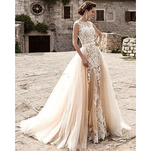 

Mermaid / Trumpet Wedding Dresses Jewel Neck Court Train Lace Tulle Cap Sleeve Modern Detachable with Appliques 2021