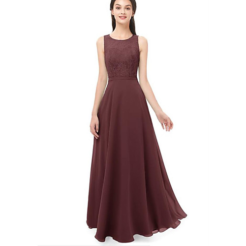 

A-Line Jewel Neck Floor Length Chiffon Bridesmaid Dress with Lace / Pleats