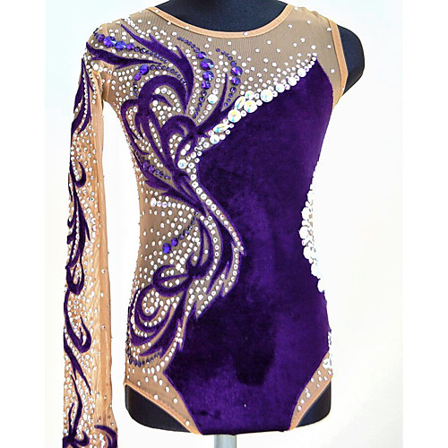 

21Grams Rhythmic Gymnastics Leotards Artistic Gymnastics Leotards Women's Girls' Leotard Purple Spandex High Elasticity Handmade Jeweled Diamond Look Long Sleeve Competition Dance Rhythmic Gymnastics