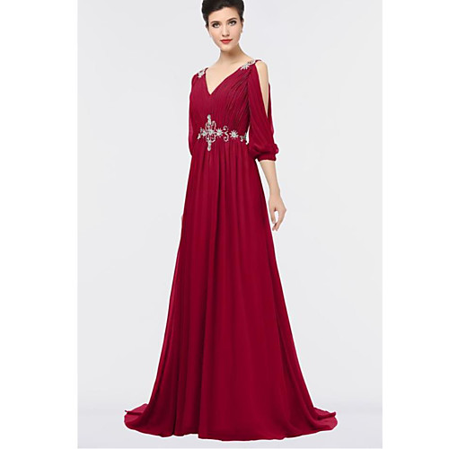 

A-Line Elegant Formal Evening Dress Plunging Neck Half Sleeve Sweep / Brush Train Chiffon with Pleats Crystals 2021