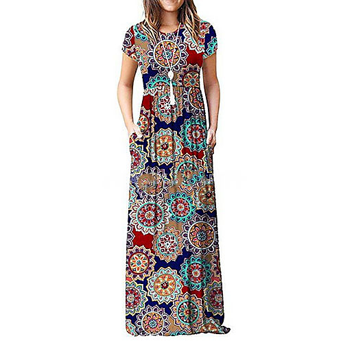

Women's Maxi Shift Dress - Short Sleeve Floral Print Wine White Blue Red Brown Navy Blue Light Blue S M L XL XXL