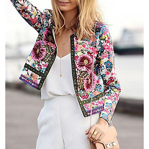 

Women's Daily Fall & Winter Regular Jacket, Geometric Round Neck Long Sleeve Polyester Rainbow