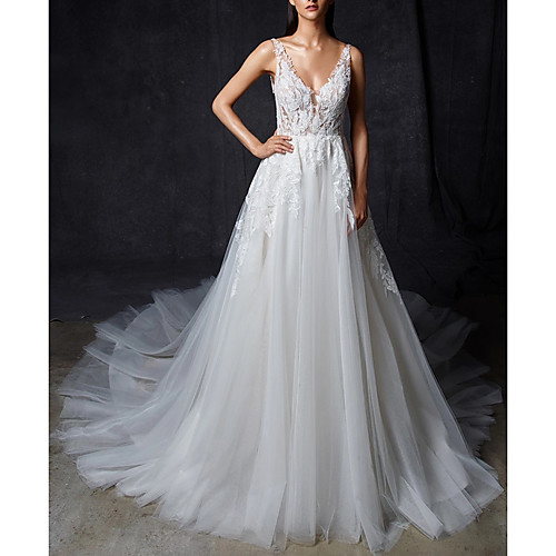 

A-Line Wedding Dresses V Neck Court Train Lace Tulle Regular Straps Romantic Sexy Illusion Detail Backless with Lace Insert 2021