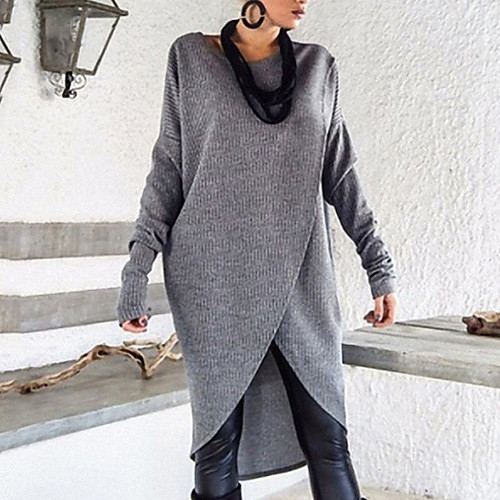 

Women's Solid Colored Long Sleeve Pullover Sweater Jumper, Round Neck Light gray / Dark Gray S / M / L