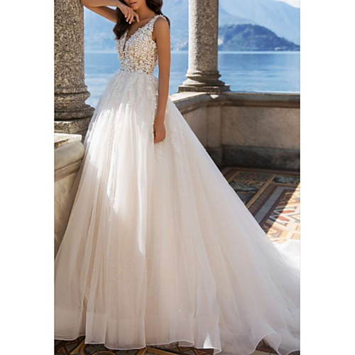 

A-Line Wedding Dresses V Neck Sweep / Brush Train Tulle Charmeuse Regular Straps Illusion Sleeve with Draping Appliques 2020