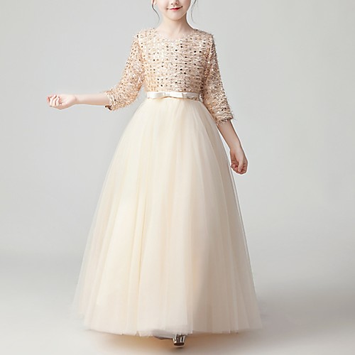 

A-Line Floor Length Pageant Flower Girl Dresses - Tulle 3/4 Length Sleeve Jewel Neck with Feathers / Fur / Bow(s) / Paillette