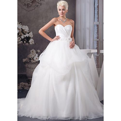 

A-Line Wedding Dresses Sweetheart Neckline Court Train Organza Satin Strapless with Pick Up Skirt Ruched Beading 2021