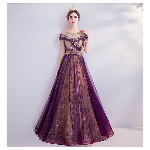 

A-Line Luxurious Purple Engagement Formal Evening Dress Illusion Neck Short Sleeve Floor Length Tulle with Beading Sequin Appliques 2020