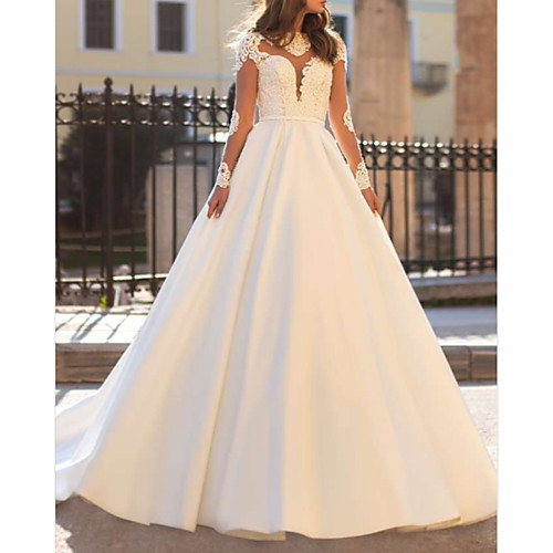 

A-Line Wedding Dresses Sweetheart Neckline Sweep / Brush Train Lace Charmeuse Long Sleeve Glamorous Sexy See-Through Illusion Detail Backless with Draping Appliques 2021