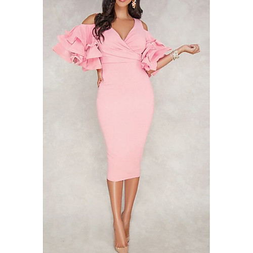 

Sheath / Column Sexy Pink Cocktail Party Formal Evening Dress V Neck Half Sleeve Tea Length Polyester with Ruffles 2020