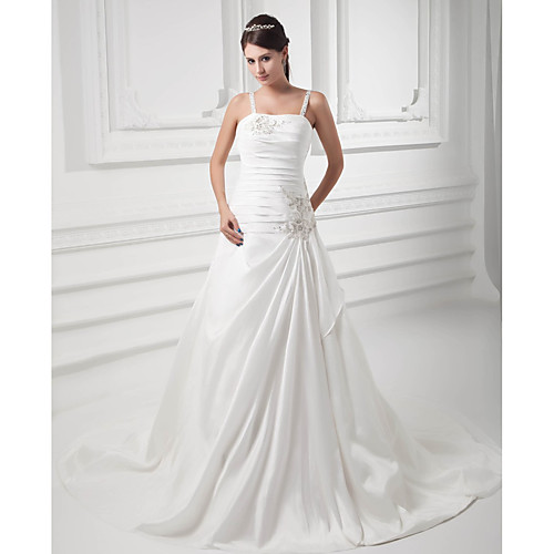 

A-Line Wedding Dresses Square Neck Court Train Satin Taffeta Spaghetti Strap with Ruched Beading Draping 2021