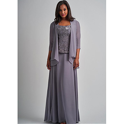 

Two Piece A-Line Mother of the Bride Dress Wrap Included Square Neck Floor Length Chiffon 3/4 Length Sleeve with Lace Ruching 2021