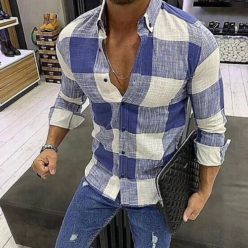 

Men's Shirt Plaid Tops Blue / Long Sleeve