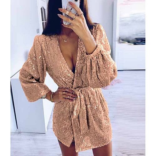 

Women's Mini A Line Dress - Long Sleeve Solid Colored Deep V Elegant Purple Blushing Pink Gold Silver Navy Blue Light Blue S M L XL XXL XXXL