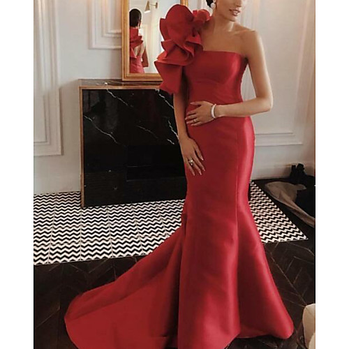 

Mermaid / Trumpet Floral Engagement Formal Evening Dress One Shoulder Sleeveless Court Train Satin with Ruffles 2021