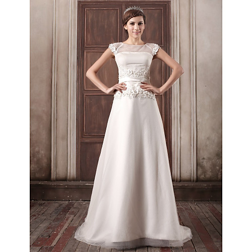 

A-Line Wedding Dresses Jewel Neck Court Train Satin Tulle Cap Sleeve with Sashes / Ribbons Beading Appliques 2021