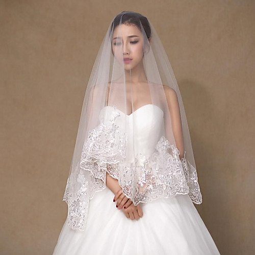 

One-tier Stylish / Lace Wedding Veil Chapel Veils with Sequin 59.06 in (150cm) Lace / Tulle / Angel cut / Waterfall