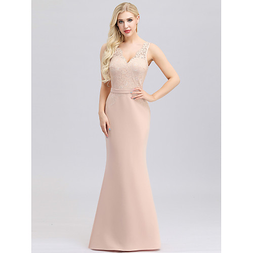 

Mermaid / Trumpet V Neck Maxi Nylon / Spandex / Lace Bridesmaid Dress with Lace