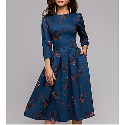

Women's Swing Dress - 3/4 Length Sleeve Geometric Boho Slim Navy Blue S M L XL XXL