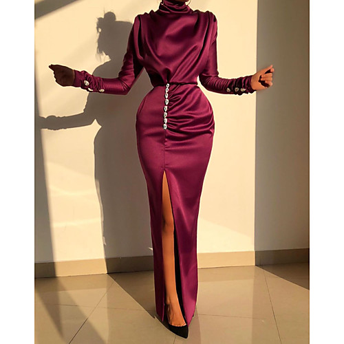 

Women's A Line Dress Maxi long Dress Wine Long Sleeve Solid Color Split Zipper Patchwork Fall Turtleneck Sexy 2021 S M L XL XXL